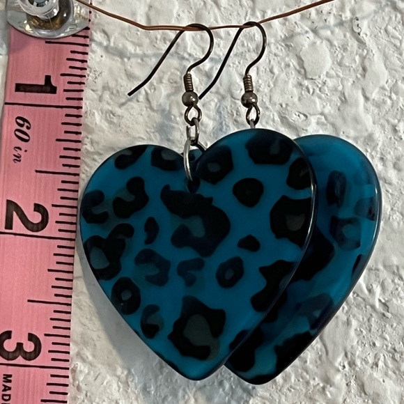 Blue Heart-Shaped Leopard Print Earrings - Picture 2 of 2